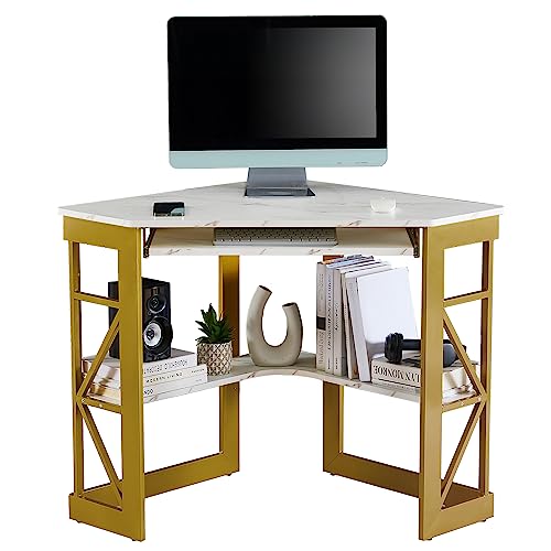 VECELO Corner Desk Computer Desk Writing Table with Smooth Keyboard Tray & Storage Shelves for Small Spaces,Compact Home Office Triangle Table,Gold & White - color: Gold & White
