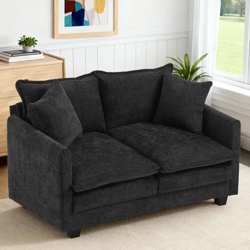 50'' Loveseat Sofa Cloud Sofa Couch, Modern Loveseats 2 Seat Couch 27" Deep Seat with 2 Pillows for Small Spaces Apartment Studio Office Bedroom Living Room, Black - color: Black, size: 50"