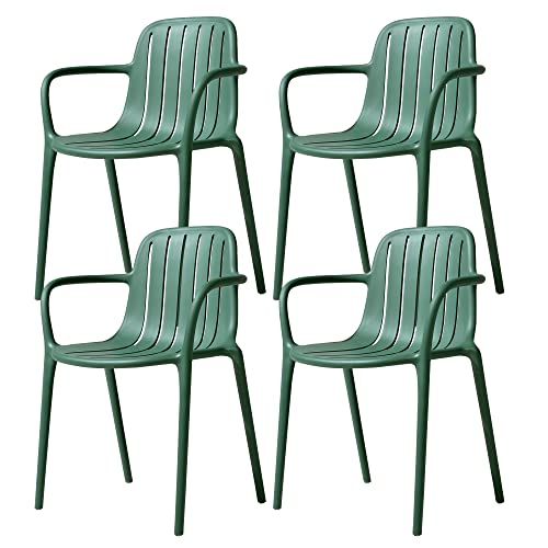 LESHI Patio Dining Chairs Set of 4 Plastic Chair with Armrests Backrest Breathable Design Art Style for Dining Room Bedroom Living Room Patio Indoor Outdoor (Set of 4, Dark Green) - color: A-green, size: 4 Pack-With Armrests