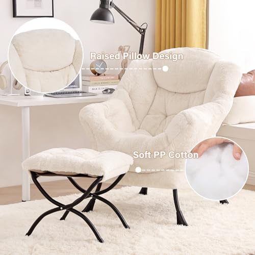 Lazy Chair with Ottoman, Comfy Reading Accent Chair, Plush Beige | Foldable Footrest, Padded Seat and Backrest, Side Pocket for Lounging in Living Rooms, Bedrooms, Dorms and Small Spaces - color: Plush-beige