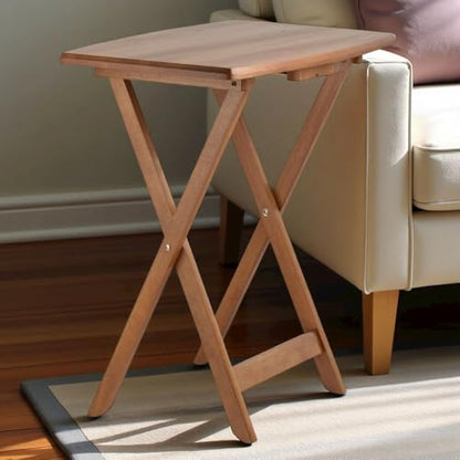 Furnifact Teak Oversized Snack Tables Set of 4 TV Trays with Stand Foldable Sturdy Wooden Tables for Eating, Working, or Entertaining in Any Space
