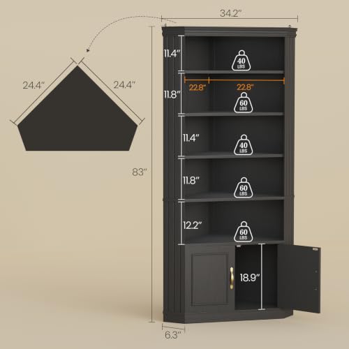 83” Tall Corner Bookshelf with Storage Cabinet, L-Shaped 5 Tier Bookcase Open Racks, Classical Style Bookshelves Adjustable Shelves, Home Office, Living Room & Kitchen - color: Black