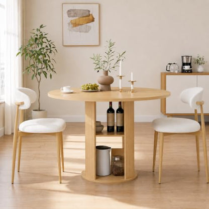 3-Piece Round Dining Table Set for 2-4, Walnut，47-Inch Farmhouse Kitchen Table with 2-Tier Storage Shelf and Two Beige upholstered Chairs for Apartments and Breakfast nooks (Natural) - color: Natural