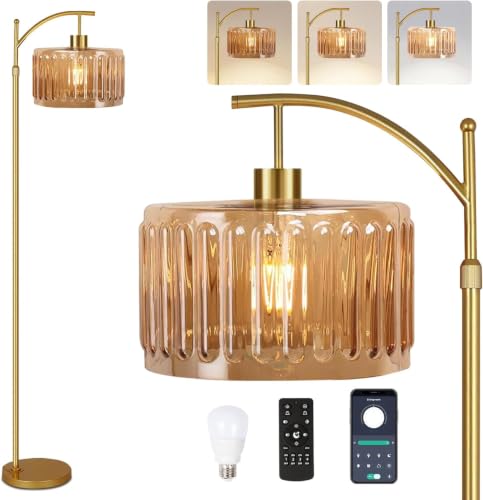 QIYIZM Floor Lamp for Living Room,Bedroom,Gold Dimmable Standing Lamp with Remote,Mid Century Modern Brass Tall Lamp Retro Vintage Glass Lamp Floor Light Boho Bohemian - size: Floor Lamp--8