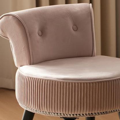 Vanity Chair with Back Pink, Velvet Stool with Low Backrest | Silver Nailhead Trim, Round Vanity Seat for Bedroom and Bathroom Makeup, Support 220lbs, Easy Assembly (Pink) - color: Pink