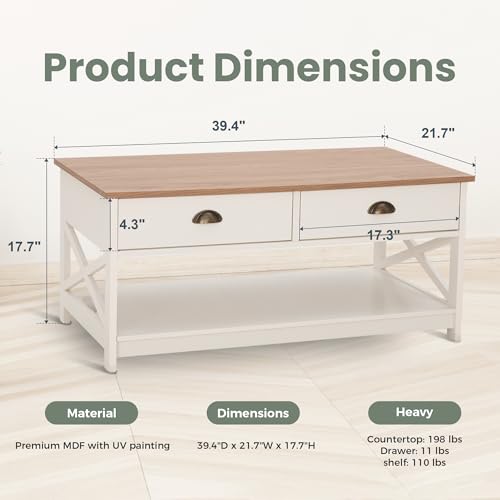 PHI VILLA White Coffee Table with Drawers,2 Tiers Living Room Coffee Table | Storage Shelf Rustic Rectangle Coffee Table with Drawers, Farmhouse Wood Coffee Table, Modern Style - color: Ivory 3