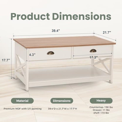 PHI VILLA White Coffee Table with Drawers,2 Tiers Living Room Coffee Table | Storage Shelf Rustic Rectangle Coffee Table with Drawers, Farmhouse Wood Coffee Table, Modern Style - color: Ivory 3