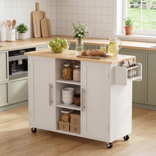 DUMOS 42in Kitchen Island with Storage, Drop Leaf, Spice Rack, Towel Rack | Rolling Cart on Wheels, Adjustable Shelves, Wood, Mobile Utility Serving Table, Living Room, Dining Room, White - color: White