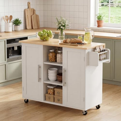 DUMOS 42in Kitchen Island with Storage, Drop Leaf, Spice Rack, Towel Rack | Rolling Cart on Wheels, Adjustable Shelves, Wood, Mobile Utility Serving Table, Living Room, Dining Room, White - color: White