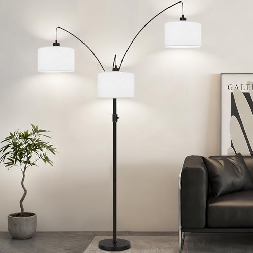 Dimmable Floor Lamp - 3 Lights Arc Floor Lamps for Living Room,Modern Tall Standing Tree Lamp with White Drum Linen Shade & Heavy Base,Mid Century Floor Lamp for Bedroom Corner Office,Bulbs Included - size: G
