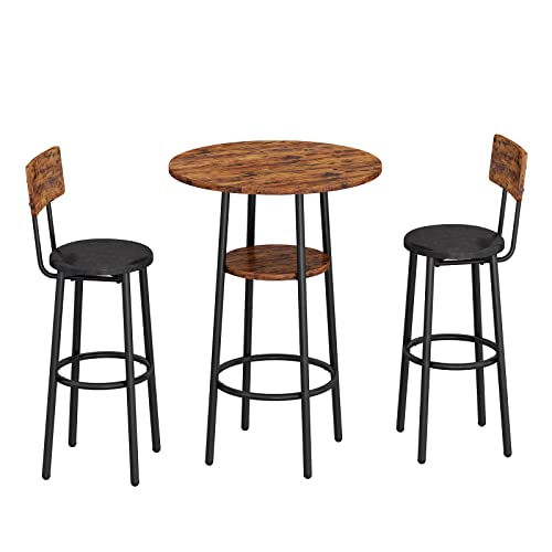 KIVENJAJA 3-Piece Bar Table Set for 2, Small 2-Tier Round Bistro Pub Dining Table & PU Upholstered Stools with Backrest, Counter Height Table and Chairs Set for Kitchen Small Space, Rustic Brown - color: Rustic Brown