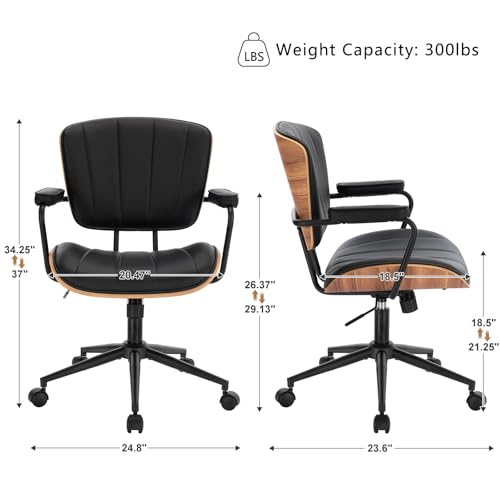 Mid Century Modern Walnut Leather Office Chair with Arms, Black | Fixed walnut bentwood back with armrests, height-adjustable swivel rolling base, PU leather seat, ideal for home office use - color: Black