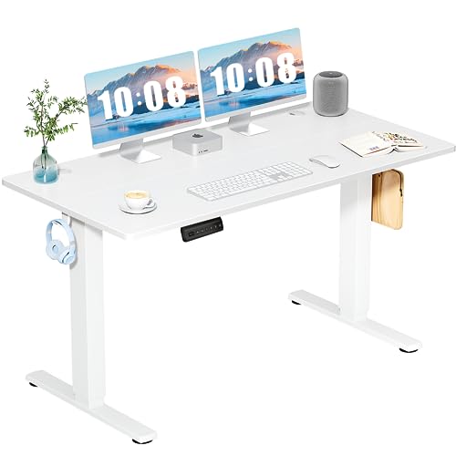 DUMOS 55 Inch Electric Standing Desk, Memory Adjustable Home Office Desk | Sit Stand Up Desk for Work Home Office,Adjustable Desk, Rising Computer Table with Splice Board,Cable Management,Hook,White - color: White, size: 55-Inch