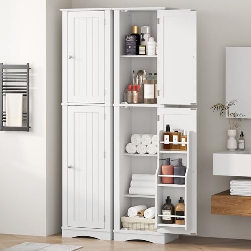 Function Home 높은 보관 캐비닛, 162.6cm(64인치) 좁은 욕실 캐비닛, 도어 보관 선반이 있는 독립형 주방 식료품 저장실, 주방 다이닝 거실용 나무 슬림 바닥 캐비닛, 화이트 - color: 슬림 화이트, size: 15.8"Wx11.81"Dx64"H