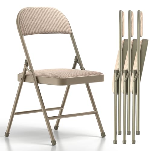 Nazhura 4 Pack Folding Chairs, Fabric Dining Chair Set with Padded Cushion and Back, Indoor Outdoo Seat for Home Office Events Wedding Party (Oatmeal Strip Fabric Seating) - color: Oatmeal Strip Fabric