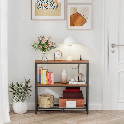 Snughome Console Table with Power Outlets, Entryway Table with Storage, Narrow Sofa Table with 3 Tier Shelves, 2 USB Ports, 2 Power Outlets, Hallway Table for Couch, Living Room, Entrance - color: Rustic Brown