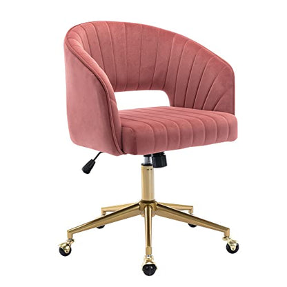 Vanity Chair Velvet Desk Chair with Gold Base for Living Room,Rose | Accent Armchair Upholstered Modern Tufted Chairs for Girls Women Ergonomic Study Seat Computer Task Stools for Bedroom - color: Rose