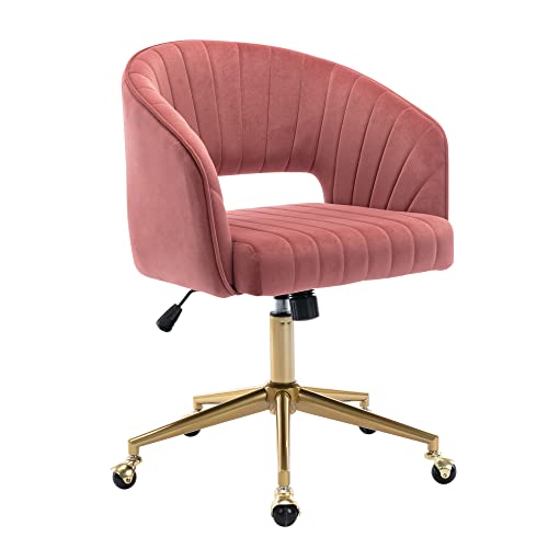 Vanity Chair Velvet Desk Chair with Gold Base for Living Room,Rose | Accent Armchair Upholstered Modern Tufted Chairs for Girls Women Ergonomic Study Seat Computer Task Stools for Bedroom - color: Rose