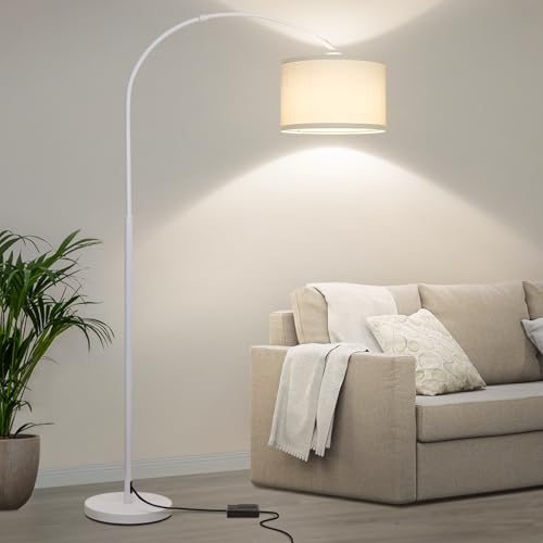 Dimmable Arc Floor Lamp，Standing Lamp with White Adjustable Hanging Shade | Arched Modern Pole Standing Lamp, Tall Reading Light for Living Room, Bedroom, Over Couch, Office, 9W LED Bulb Included - color: White
