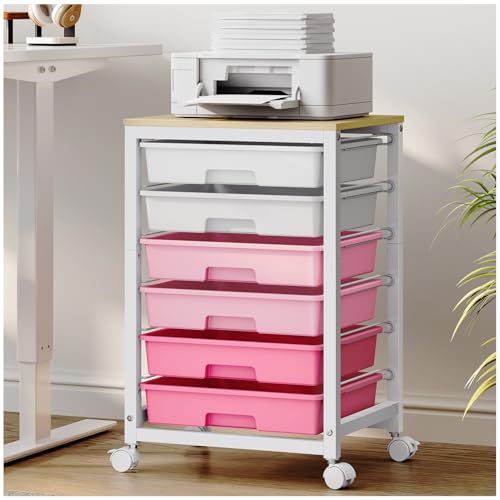 Sykiariol Rolling Cart with 6 Drawers,Pink | Utility Cart with Lockable Wheels and Wooden Tabletop for Under Desk Storage,Teacher Cart for Classroom - color: Pink, size: 6 Drawers