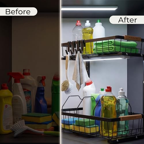 Under Sink Organizer with Motion-Activated LED Lights, 2 Pack, 2 Tier Sliding L-Shaped Carbon Steel Rack with Adjustable Height, Dividers & Hooks (Black) - color: Black