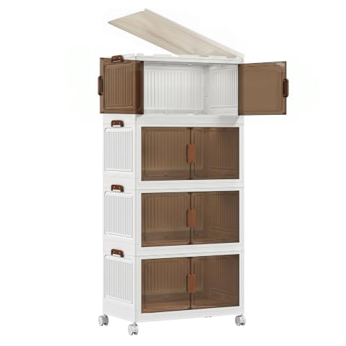 4 Tier Stackable Storage Bins with Lids, 96QT Large Capacity Storage Cabinet (24QT Per Tier), Foldable Closet Organizer with Wheels and Front Opening Doors for Clothes, Toys, Pantry, Bedroom - color: 45 CM, size: 4 Pack
