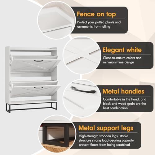 Maupvit Shoe Cabinet with 2 Flip Drawers, Freestanding Shoe Cabinet Organizer with Metal Legs, Shoes Storage Cabinet for Entryway, Narrow Shoe Rack Cabinet, White - color: White, style: 2-Drawers