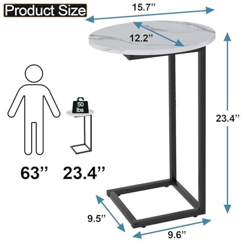 C Shaped End Table, Oval Side Tables on Couch, Black | TV Tray that Slide Under , Narrow Sofa Table with Metal Frame for Small Space Sofa Living Room Bedroom - color: White Marble+black