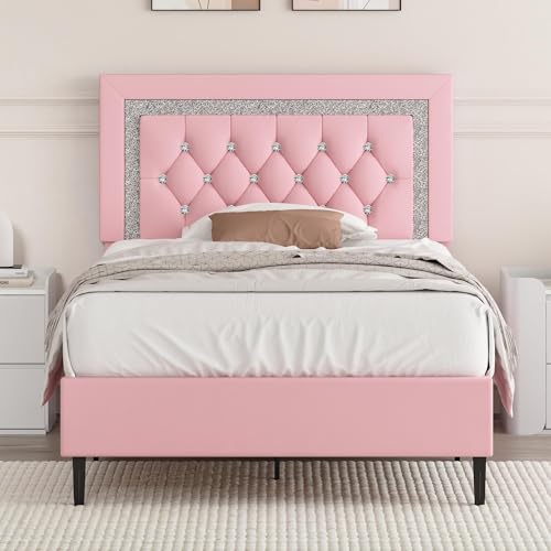 BarnFurin Twin Bed Frame with Tufted Button Headboard, Black | Upholstered Platform Bed Frame with Diamond Design, Wood Slat Support, No Box Spring Needed, Easy Assembly - color: Pink, size: Twin