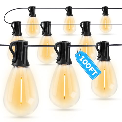 GvvooHome LED Outdoor String Lights, 100FT Waterproof Patio Lights with 32 Shatterproof S11 Plastic Bulbs, 2700K Warm White Edison Hanging Lights for Backyard, Garden, Porch, Bistro - size: 100FT