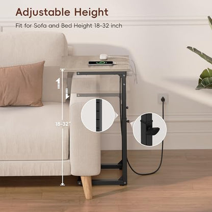 C Shaped End Table with Charging Station, Adjustable Height Side Table for Couch, C Table End Table Couch Table that Slide Under, Sofa Table TV Tray Arm Tables for Living Room, Bedroom, Gray - color: Greige, style: Charging Station