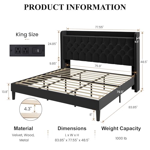 SHA CERLIN King Size Platform Bed Frame with Charging Station, Velvet Wingback Headboard with Storage Shelf, Wooden Slats Support, Ample Under-Bed Space, No Box Spring Needed, Easy Assembly, Black - color: Black, size: King