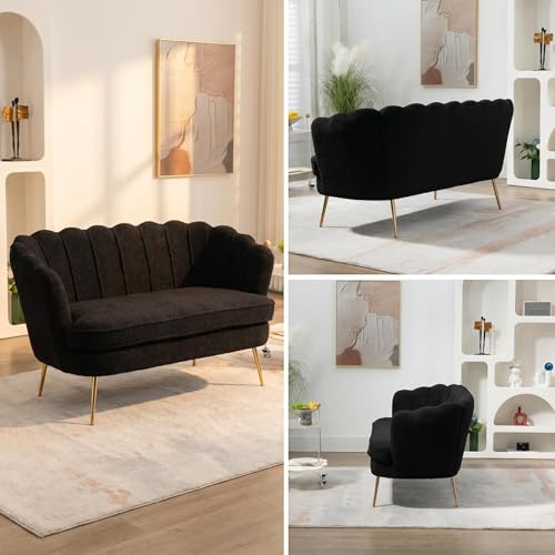 Black Modern Boucle Loveseat Couch with Gold Metal Legs | 2-Seater Upholstered Mini Sofa Couches for Small Space,Living Room Bedroom Office Dorm Studio Apartment Love Seat Couche - color: Black