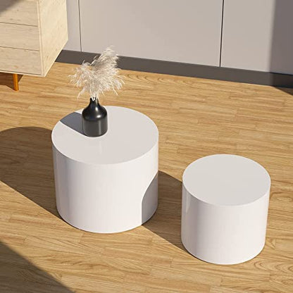 JUSTONE Set of 2 Nesting Coffee Table,Modern Round Wood Accent Side End Table for Living Room Bedroom and Entryway, Apartment,Nesting Tables for Small Spaces No Assembling (Matte White) - color: Round-white-14.9"h