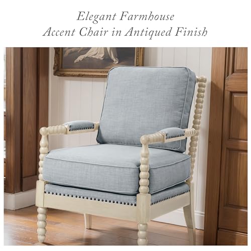 Madison Park Accent Chairs for Living Room Farmhouse Modern Armchair, Solid Wood, Antiqued Finish, Upholstered Seat Removable, Bedroom Lounge for Reading, 25.5" W, Light Blue/Antique Cream - color: Light Blue/Antique Cream