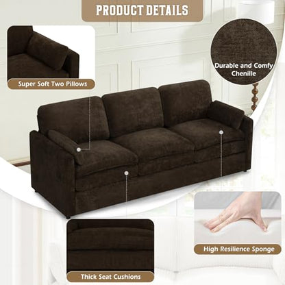 89" Chenille Modern Sofa w/Plump Backrests, Brown | 3 Seater Couch w/Soft Pillows, Comfy Upholstered Couch w/Thicker & Deeper Seats for Living Room, Bedroom - color: Brown, size: Sofa