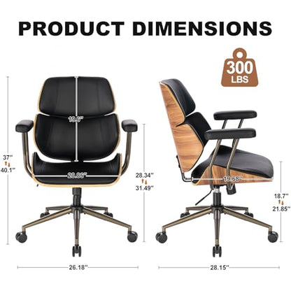 Mid Century Walnut Bentwood PU Leather Office Chair with Arms, Black | Curved walnut bentwood back & seat; removable armrests; PU leather upholstery; swivel & rolling; for home office & study - color: Black, size: 2-Section Back / No Headrest