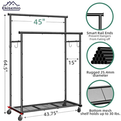 Ekisemio Double Rods Clothes Rack with Wheels Load 400 LBS, 45 Inch Rolling Clothing Rack for Hanging Clothes, Heavy Duty Garment Rack with Shelves, Metal Portable Closet, Black - style: Double Rod