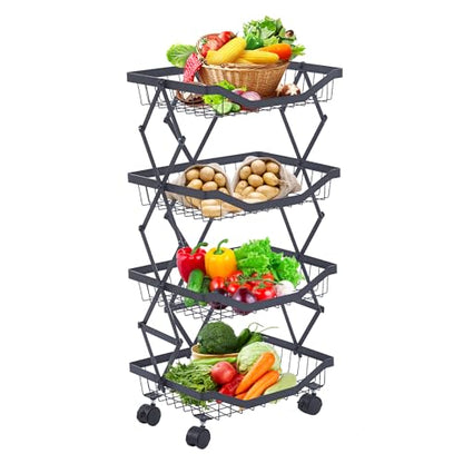 4 Tier Fruit Basket for Kitchen Stackable Metal Wire Fruit Vegetable Basket with Wheels Narrow Corner Rolling Utility Cart for Kitchen, Pantry, Bathrooms, Garage