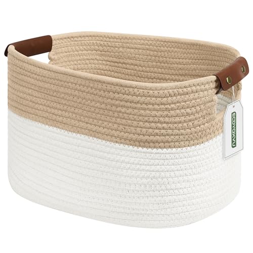 ECDYQXVU 15x10x9 Woven Cotton Rope Storage Basket, Leather Handles 1 Pack | Foldable Design, Sturdy PU Handles, Easy to Clean Organizer for Living Room, Closet, Shelves, Bedroom, Laundry, Clothes - color: White/Beige-1Pack, size: 1 Pack