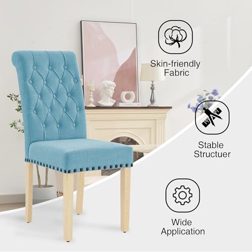 adochr Linen Dining Chairs Set of 6, Armless Parsons Chairs,Light Blue | Wooden Legs & Tufted Buttons, Upholstered Dining Room Chair for Kitchen/Dining Room/Living Room - color: Light Blue, size: 6PCS