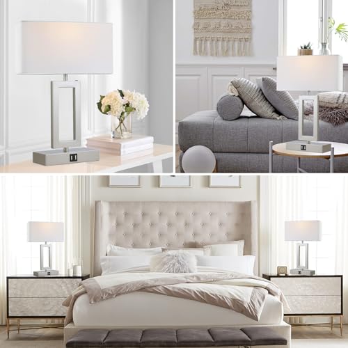 gernehop Silver Table Lamps Set of 2 with Dual USB Ports,3-Way Dimmable Touch Control Bedside Lamps,Modern Bedroom Table Lamp for Living Room,Nightstand LED Bulbs Included - color: 16Inch Silver