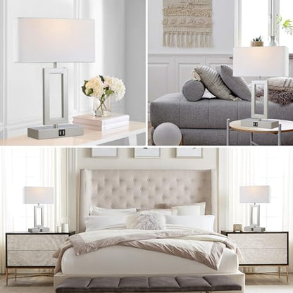gernehop Silver Table Lamps Set of 2 with Dual USB Ports,3-Way Dimmable Touch Control Bedside Lamps,Modern Bedroom Table Lamp for Living Room,Nightstand LED Bulbs Included - color: 16Inch Silver