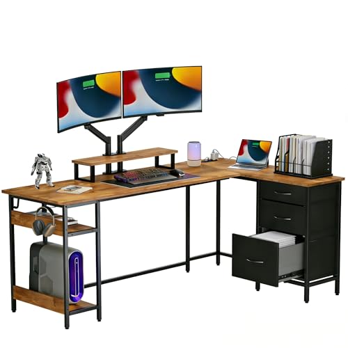 DEVAISE 66 Inch L Shaped Gaming Desk with Drawers and Storage, Corner Desk with LED Lights, Power Outlets, Computer Desk with Monitor Stand, Office Desk for Home, Rustic Brown - color: Rustic Brown, size: 66 Inch with Drawers