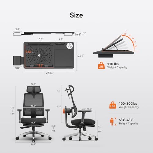 Ergonomic Office Chair-Home Office Desk Chair with Footrest, Auto-Following Backrest & Headrest, 4D Armrests, 96°-136° Recline - color: Black, size: Laptop Table + Auto-following Headrest