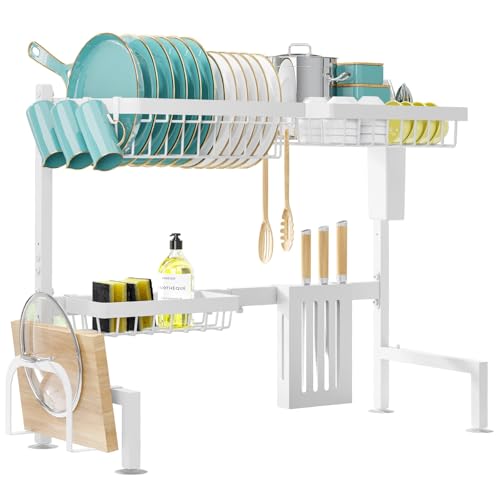 Sakugi Over The Sink 접시 건조대 - 조절 가능한 2단 대용량 스테인리스 스틸 배수구, 커틀러리 및 식기 홀더 포함, 주방 보관 및 정리, 길이 76.2-86.1cm(30-34인치) x 너비 27.9cm(11인치) x 높이 54.6cm(21.5인치), 화이트 - color: 화이트., size: 라지