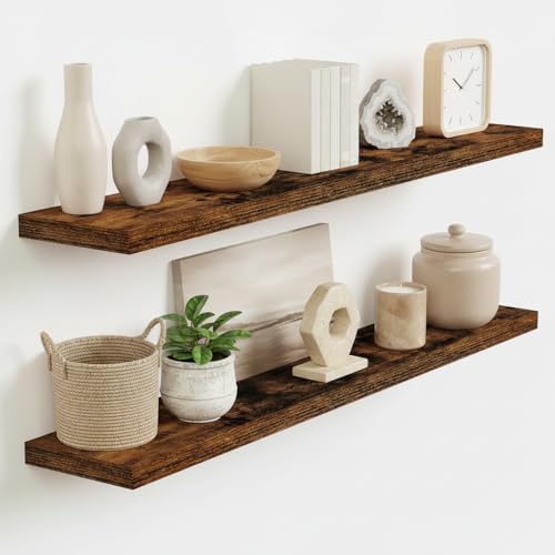 Vivelove Floating Shelves 9 inch Deep 40”Long Set of 2, Rustic Brown | Easy Install With Hardware, 1.5" Thick, Invisible Brackets, Wall Mounted, No Sagging, For Any Room - color: Rustic Brown, size: 40”wx9.3”dx1.5”h