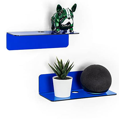 OAPRIRE Small Floating Wall Shelves Set of 2 - Personalize&Easily Expand Wall Space - 9 Inch Acrylic Wall Shelf for Bedroom, Gaming Room, Living Room, Bathroom, Office, with Cable Clips - Clear Blue | Strong Tape Adhesive Wall Shelf, Easy Installation, Ho