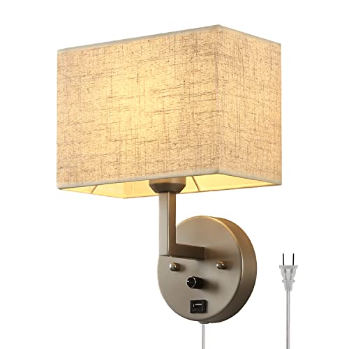 Plug in Wall Sconce with Dimmer Switch and USB Port，1-Light 9.5“Rectangular Linen Fabric Shade，Bedside Wall Lamp Satin Nickel Finish，Wall Lamps Perfect for Bedroom, Living Room and Hotel - color: Silver