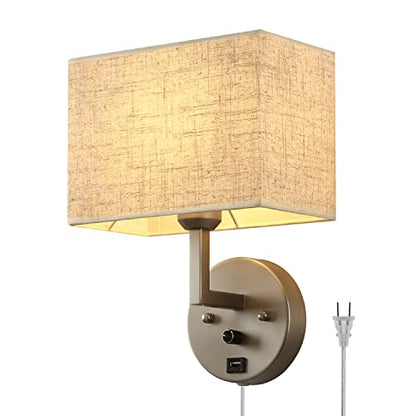 Plug in Wall Sconce with Dimmer Switch and USB Port，1-Light 9.5“Rectangular Linen Fabric Shade，Bedside Wall Lamp Satin Nickel Finish，Wall Lamps Perfect for Bedroom, Living Room and Hotel - color: Silver